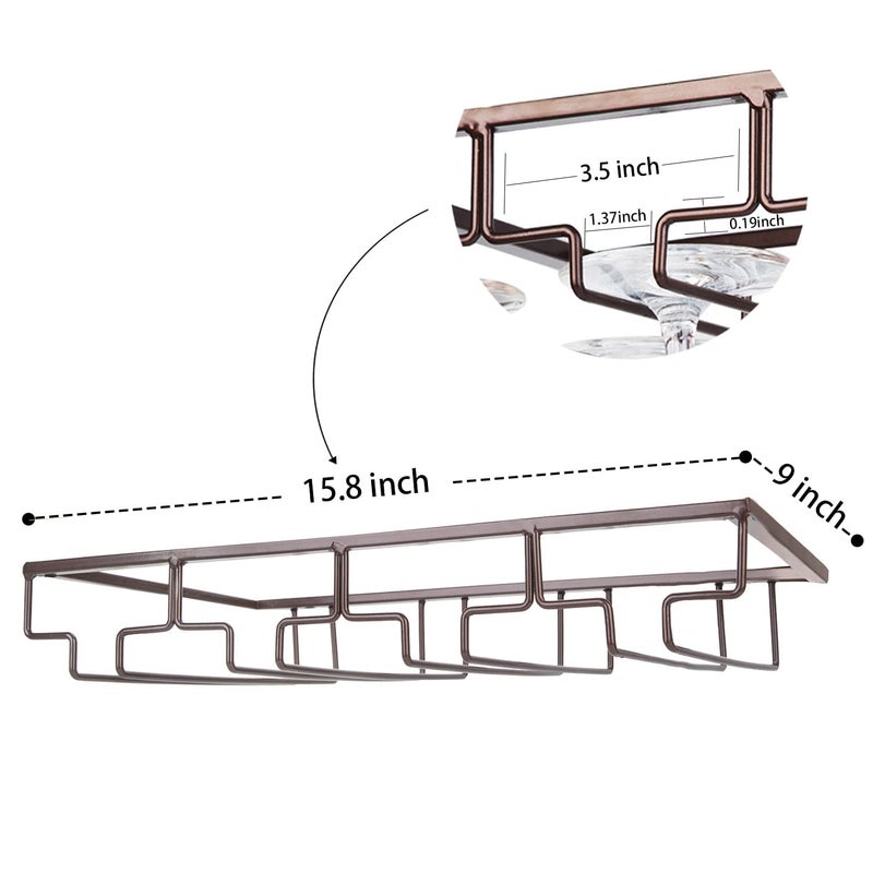FOMANSH Wine Glass Rack Under Cabinet - Stemware Holder Metal Wine Glass Organizer Glasses Storage Hanger for Bar Kitchen Brown 4 Rows - Image 4